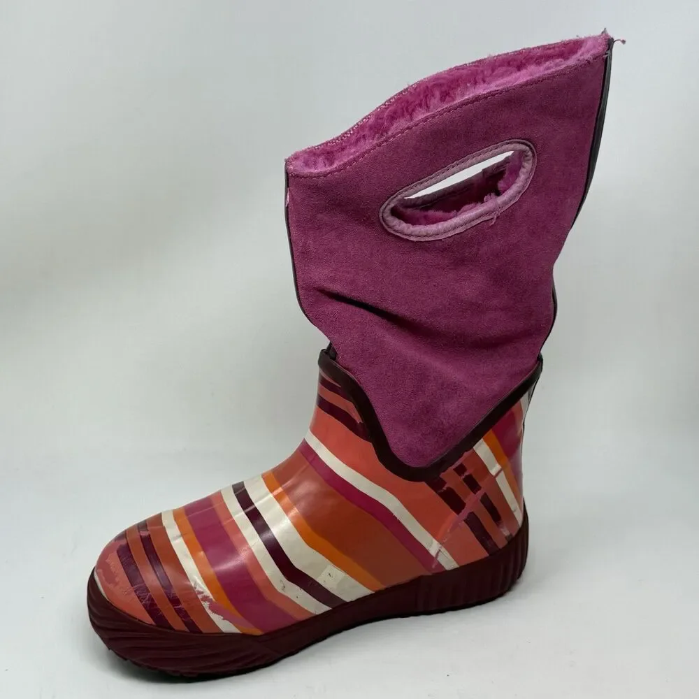 Bogs Prairie Stripe Boots Girls Size 2 Purple Suede Rubber Waterproof Faux Fur